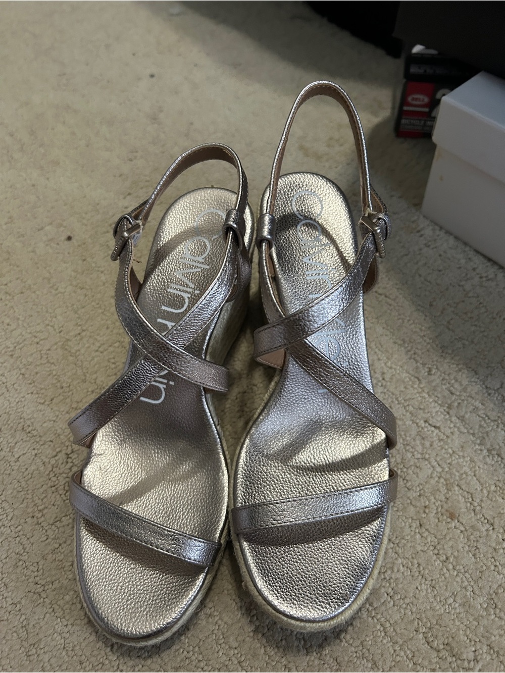 Calvin Klein Metallic Silver Crisscross Slingback Sandals